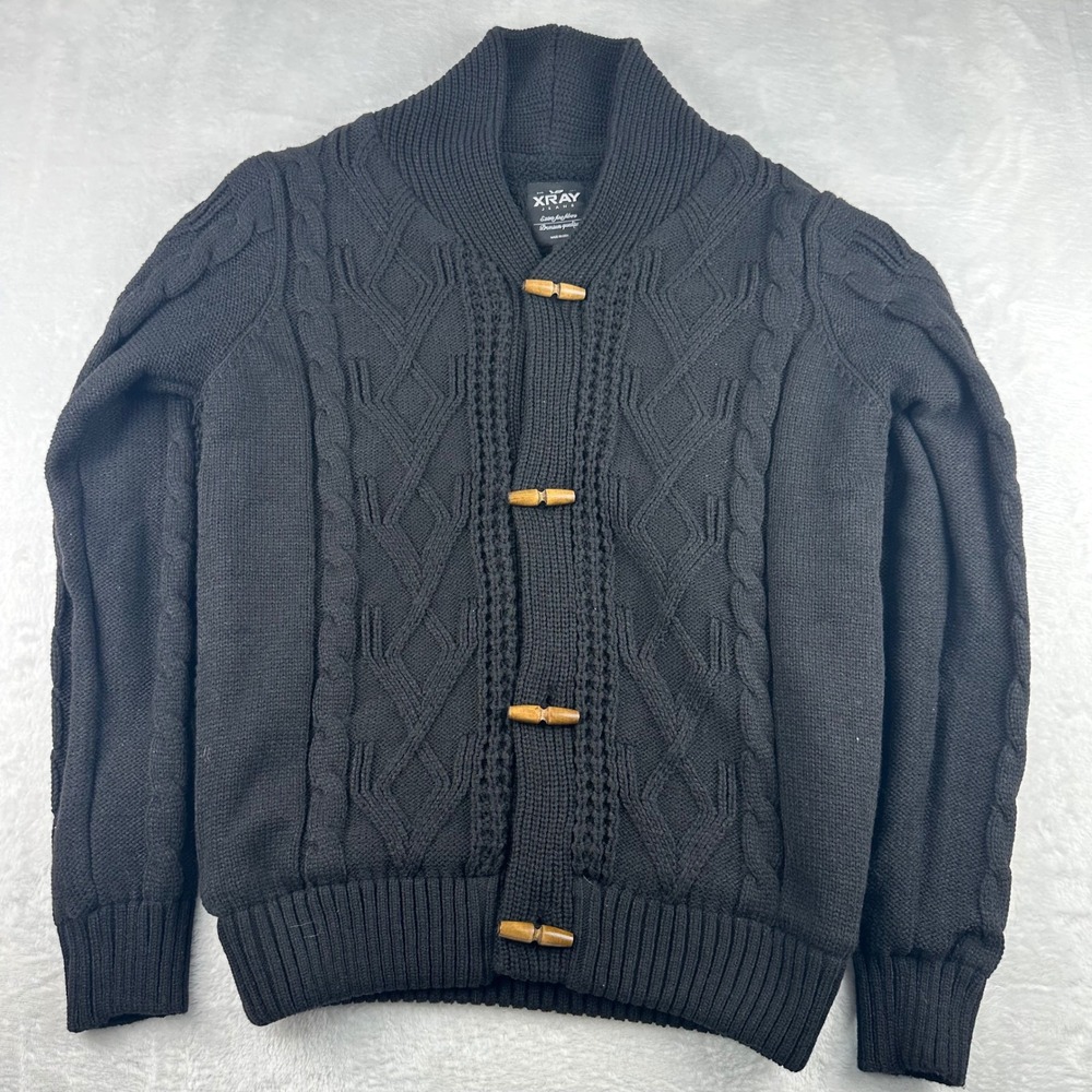 XRAY Jeans Mens Black Cable Knit Shawl Collar Toggle Button Cardigan Sweater L